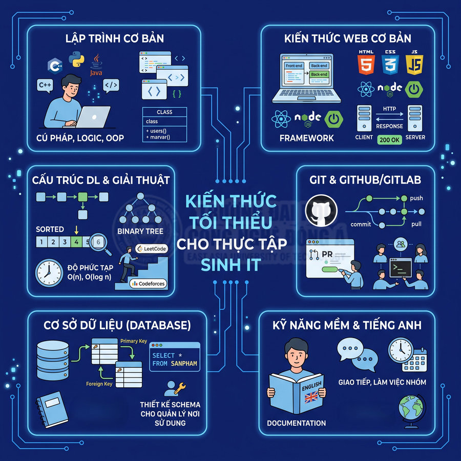 Kiến thức tối thiểu cho thực tập sinh IT gồm lập trình, web, cấu trúc dữ liệu, database, Git và kỹ năng mềm