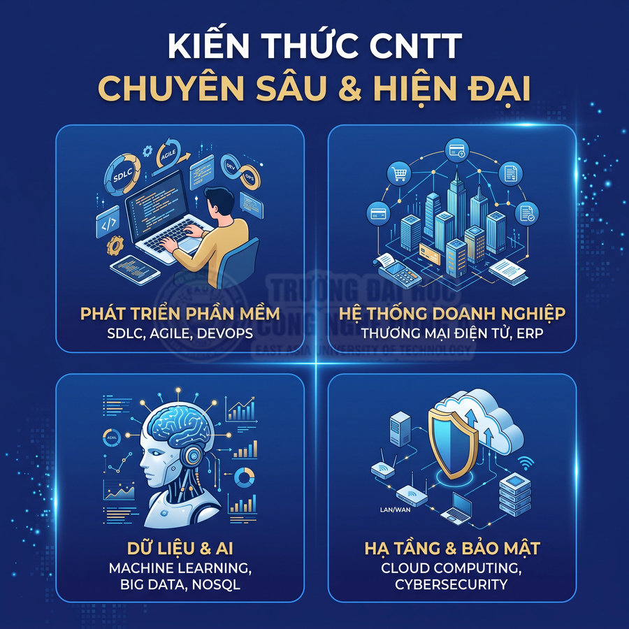 Poster giới thiệu chương trình đào tạo CNTT chuyên sâu về phần mềm, hệ thống doanh nghiệp, dữ liệu AI và hạ tầng bảo mật