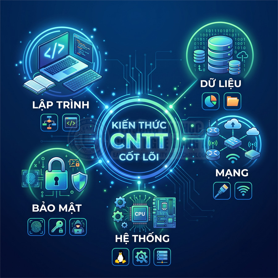 Sơ đồ kiến thức CNTT cốt lõi với các mảng lập trình, dữ liệu, mạng, bảo mật và hệ thống
