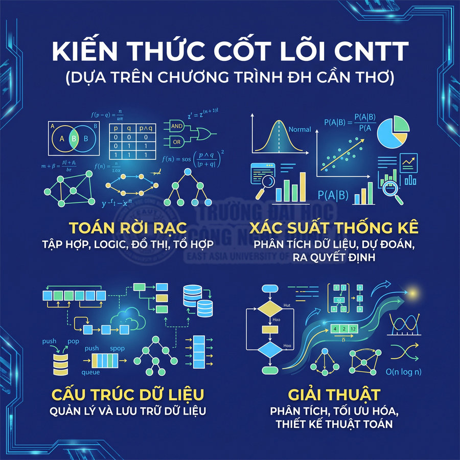 Infographic kiến thức cốt lõi ngành CNTT gồm toán rời rạc, xác suất thống kê, cấu trúc dữ liệu và giải thuật