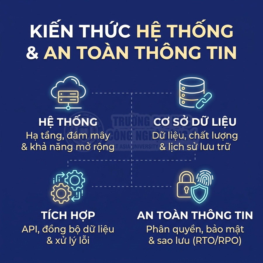Nội dung về kiến thức hệ thống và an toàn thông tin, gồm hạ tầng đám mây, cơ sở dữ liệu, tích hợp API và bảo mật dữ liệu