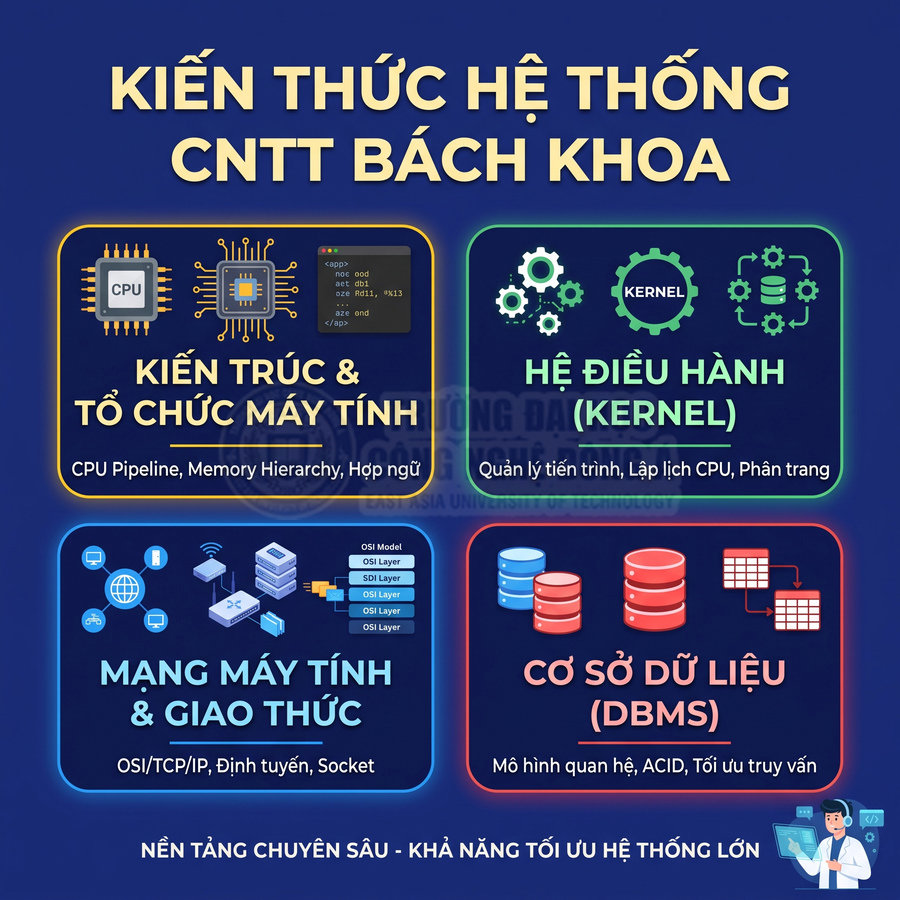 Kiến thức hệ thống CNTT Bách Khoa với kiến trúc máy tính, hệ điều hành, mạng máy tính và cơ sở dữ liệu