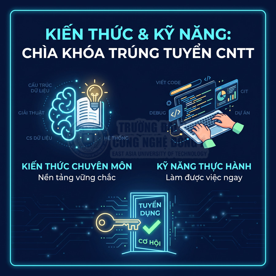 Poster kiến thức và kỹ năng CNTT với hình bộ não, laptop lập trình và chìa khóa mở cơ hội tuyển dụng