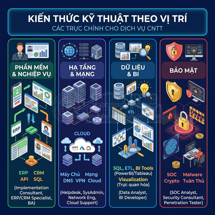 Infographic kiến thức kỹ thuật CNTT theo vị trí gồm phần mềm, hạ tầng mạng, dữ liệu BI và bảo mật