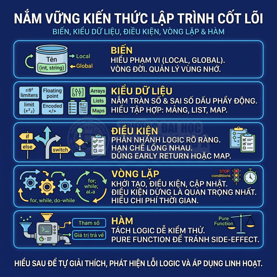 Tóm tắt kiến thức lập trình cốt lõi về biến, kiểu dữ liệu, điều kiện, vòng lặp và hàm bằng infographic tiếng Việt