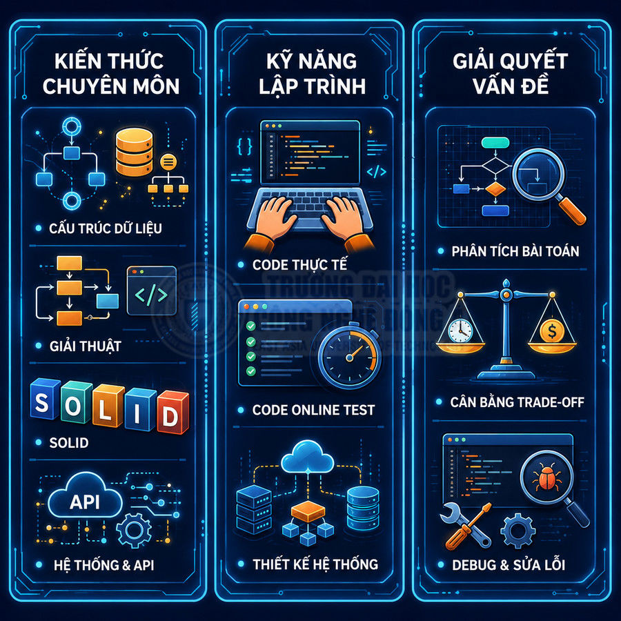 Infographic kỹ năng lập trình với kiến thức chuyên môn, code thực tế, thiết kế hệ thống và giải quyết vấn đề