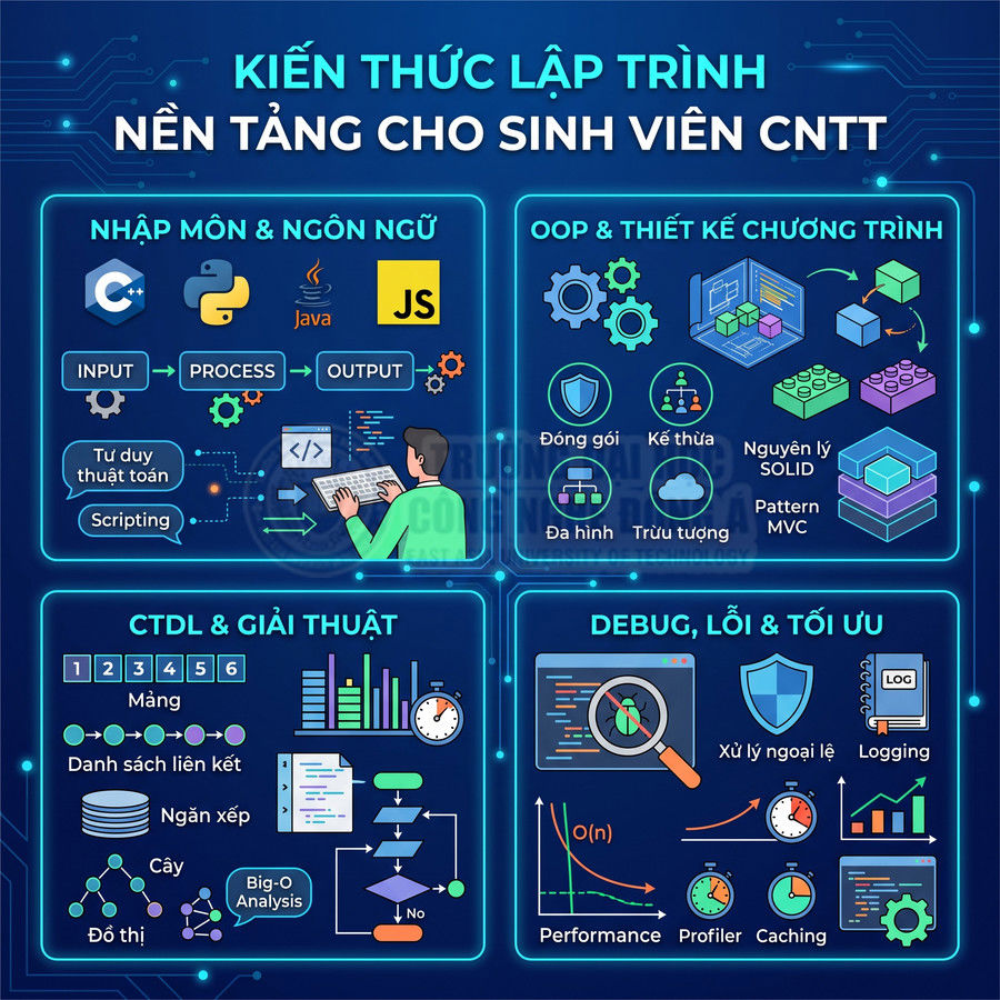Tổng quan kiến thức lập trình nền tảng cho sinh viên CNTT gồm ngôn ngữ, OOP, CTDL và debug tối ưu hóa