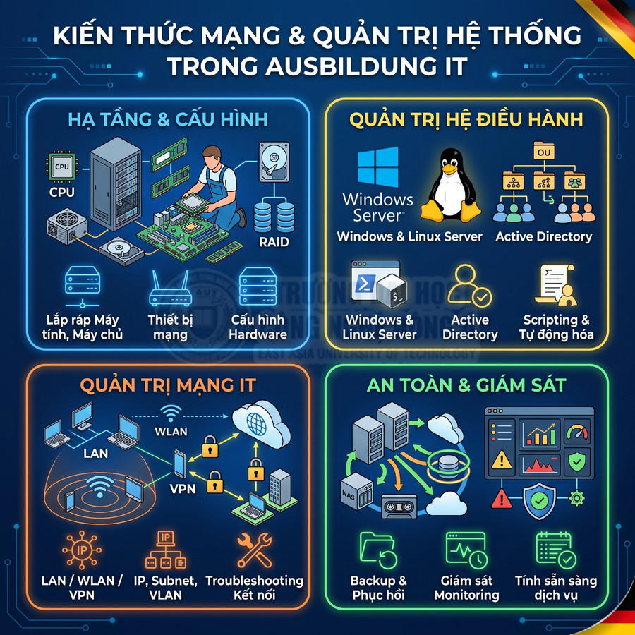 Kiến thức mạng và quản trị hệ thống IT gồm hạ tầng, quản trị hệ điều hành, quản trị mạng, an toàn và giám sát