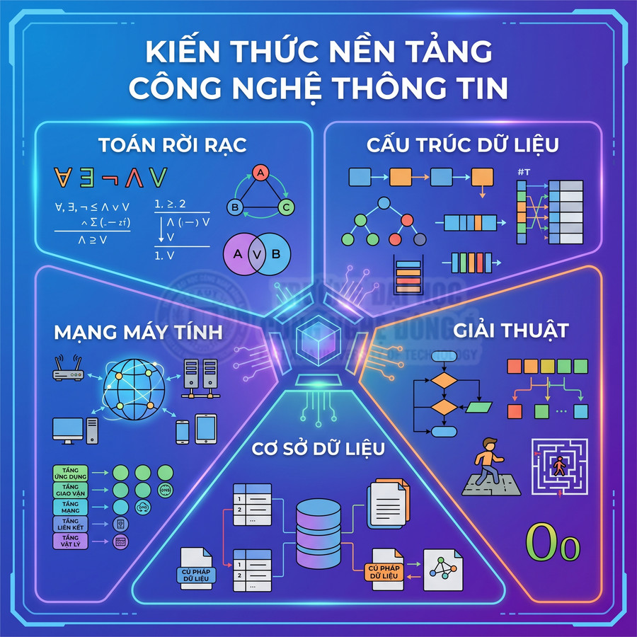 Tổng quan kiến thức nền tảng công nghệ thông tin gồm toán rời rạc, cấu trúc dữ liệu, mạng máy tính, cơ sở dữ liệu, giải thuật