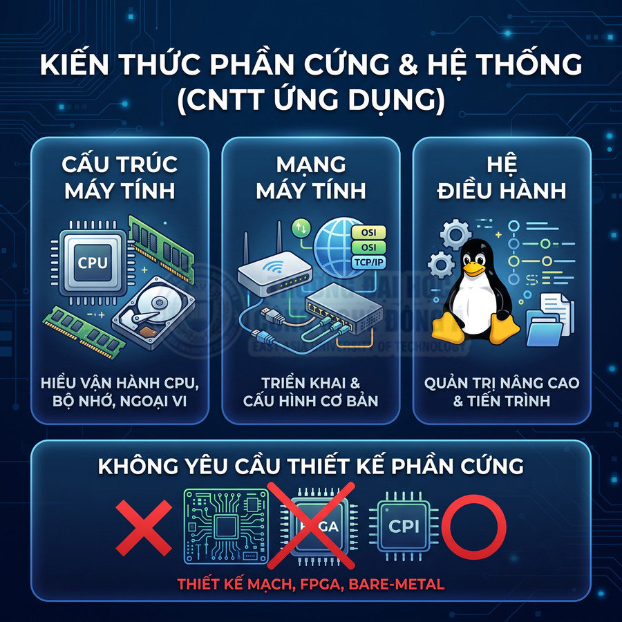 Hình minh họa kiến thức phần cứng hệ thống gồm cấu trúc máy tính, mạng máy tính và hệ điều hành Linux