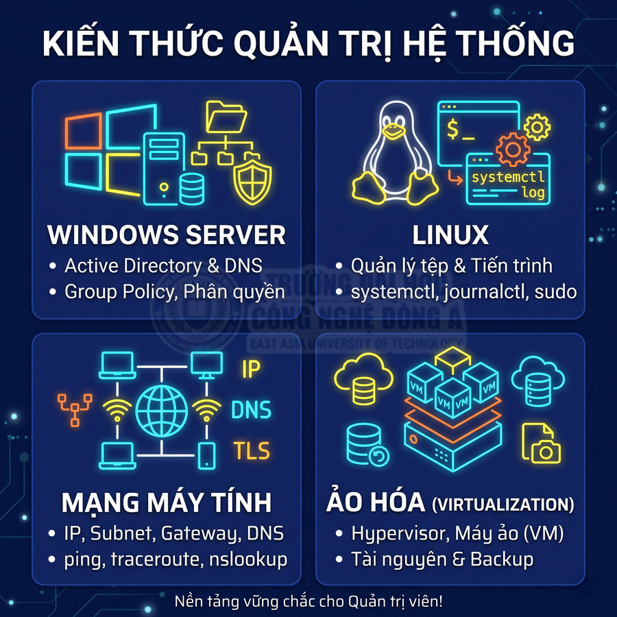 Các kiến thức quản trị hệ thống gồm Windows Server, Linux, mạng máy tính và ảo hóa VM.