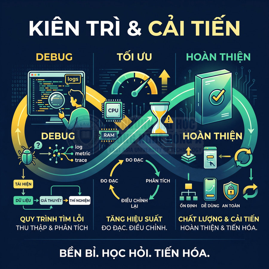 Minh họa quy trình debug, tối ưu và hoàn thiện phần mềm với biểu tượng lập trình và cải tiến liên tục