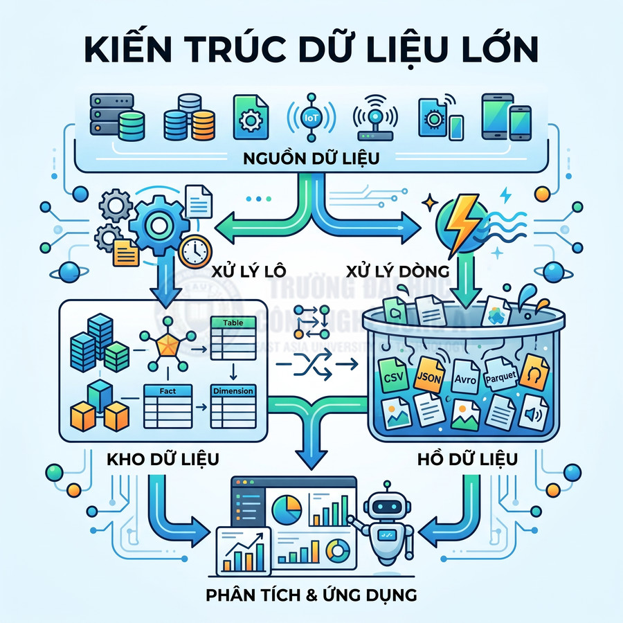 Sơ đồ kiến trúc dữ liệu lớn với nguồn dữ liệu, xử lý lô và dòng, kho dữ liệu, hồ dữ liệu và phân tích ứng dụng
