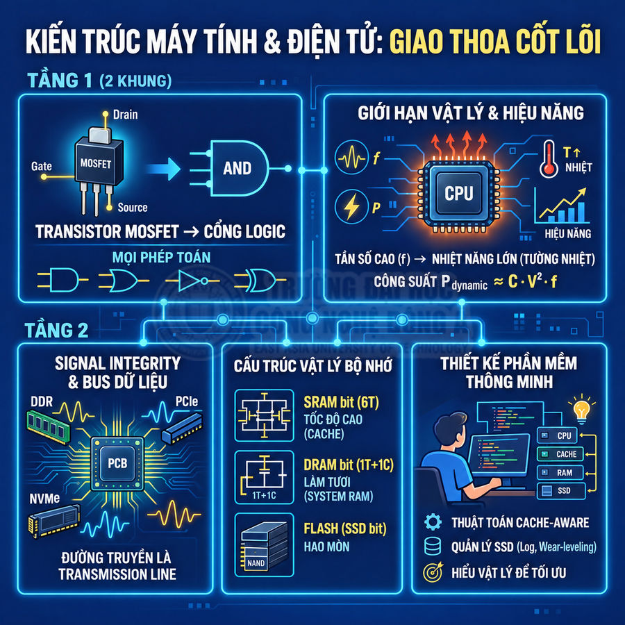 Infographic kiến trúc máy tính và điện tử, minh họa transistor MOSFET, CPU, bộ nhớ, bus dữ liệu và lập trình tối ưu hiệu năng