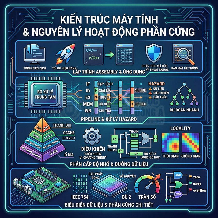 Infographic kiến trúc máy tính và nguyên lý hoạt động phần cứng với CPU, bộ nhớ, pipeline và biểu diễn dữ liệu chi tiết