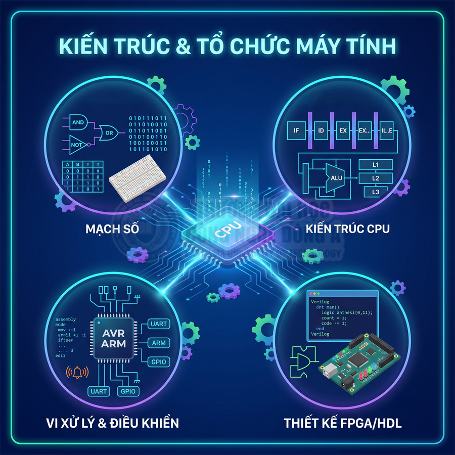 Minh họa kiến trúc và tổ chức máy tính với CPU trung tâm, mạch số, vi xử lý điều khiển và thiết kế FPGA HDL