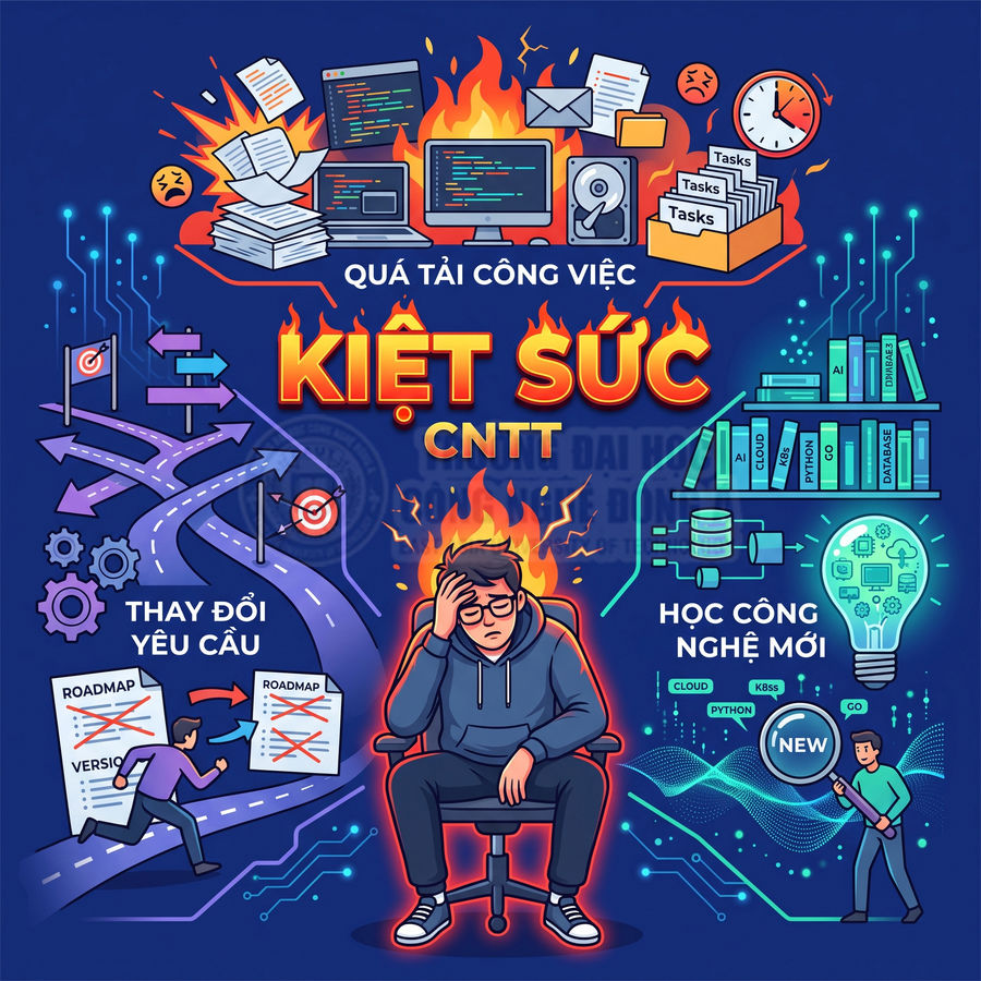 Hình minh họa lập trình viên CNTT kiệt sức vì quá tải công việc, thay đổi yêu cầu và phải học công nghệ mới