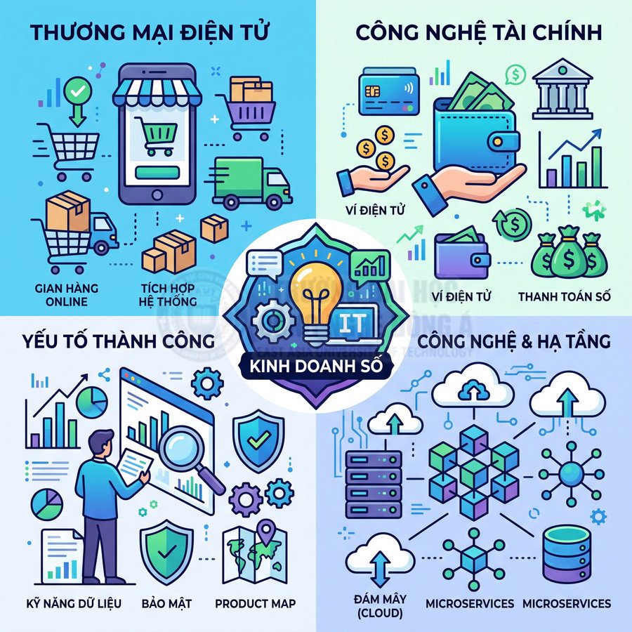 Minh họa kinh doanh số với thương mại điện tử, công nghệ tài chính, dữ liệu, bảo mật và hạ tầng đám mây