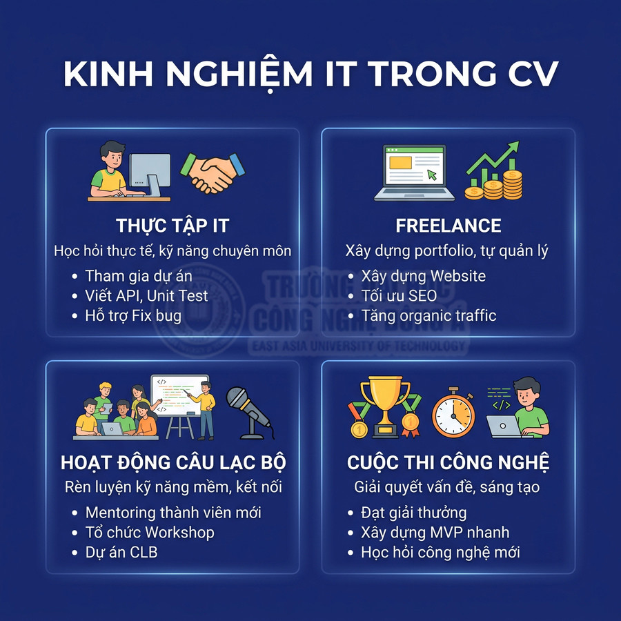 Infographic kinh nghiệm IT trong CV với các mục thực tập IT, freelance, hoạt động câu lạc bộ và cuộc thi công nghệ