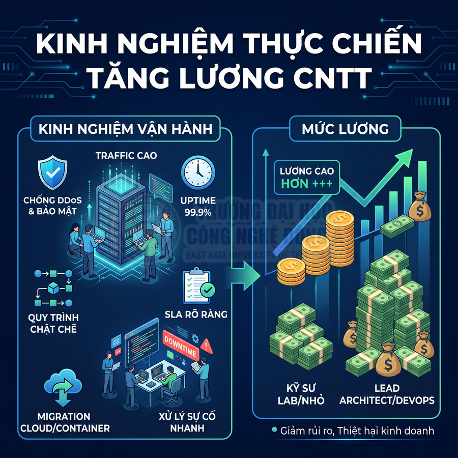 Infographic kinh nghiệm vận hành hệ thống CNTT giúp tăng lương kỹ sư, từ xử lý sự cố đến lương cao cho DevOps