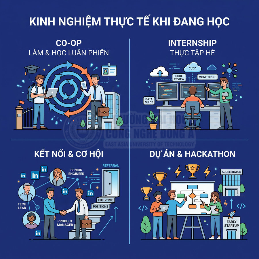 Mô hình minh họa sinh viên công nghệ tích lũy kinh nghiệm thực tế qua co-op, internship, kết nối nghề nghiệp và hackathon