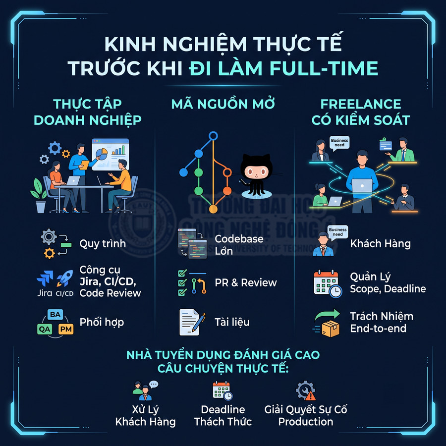 Infographic kinh nghiệm thực tế trước khi đi làm full time trong lập trình, so sánh thực tập, mã nguồn mở và freelance