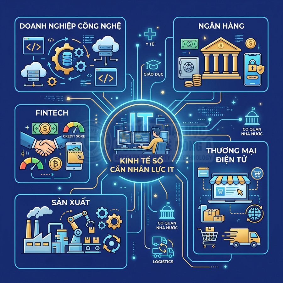 Minh họa vai trò nhân lực IT trong kinh tế số với các lĩnh vực fintech, ngân hàng, thương mại điện tử, sản xuất