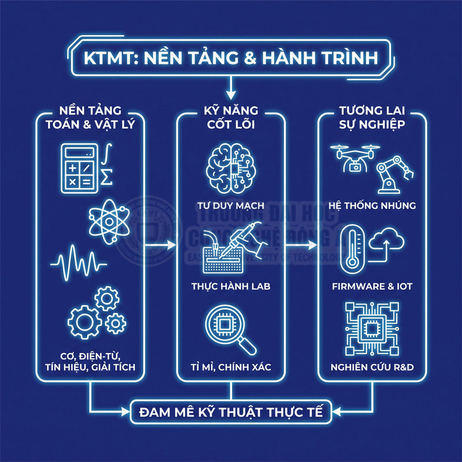 Infographic lộ trình ngành Kỹ thuật máy tính với nền tảng toán lý, kỹ năng lab và cơ hội nghề nghiệp nhúng, IoT, R&D