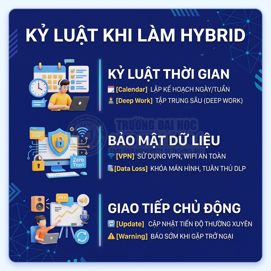 Infographic hướng dẫn kỷ luật khi làm việc hybrid về quản lý thời gian, bảo mật dữ liệu và giao tiếp chủ động