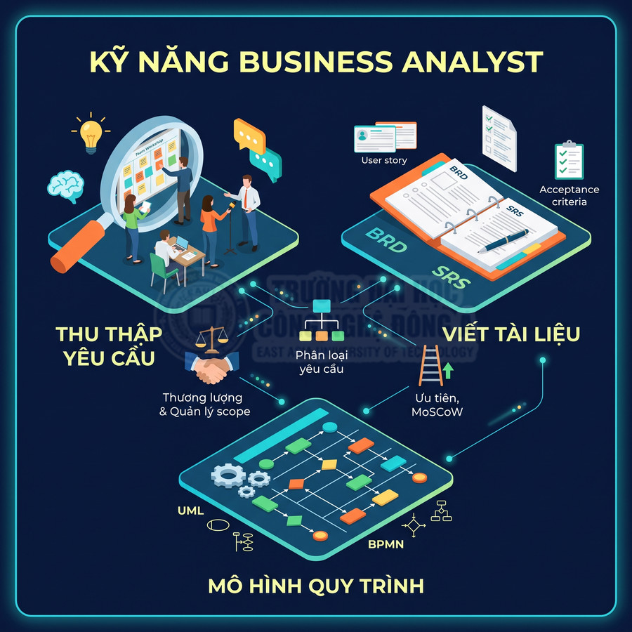 Infographic kỹ năng Business Analyst với thu thập yêu cầu, viết tài liệu BRD SRS và mô hình hóa quy trình UML BPMN