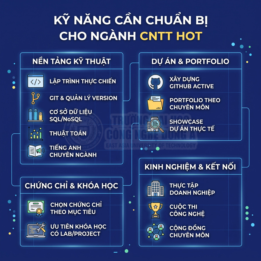 Kỹ năng cần chuẩn bị cho ngành công nghệ thông tin gồm nền tảng kỹ thuật, dự án, chứng chỉ và kinh nghiệm kết nối