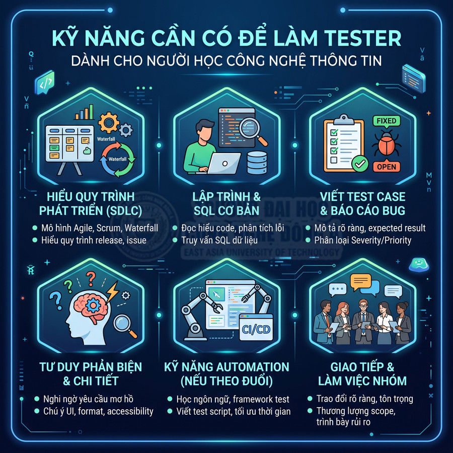 Infographic kỹ năng cần có để làm tester cho sinh viên công nghệ thông tin, gồm SDLC, SQL, test case, automation, giao tiếp