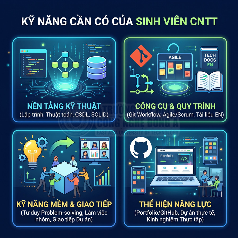 Infographic kỹ năng cần có của sinh viên CNTT về nền tảng kỹ thuật, công cụ quy trình, kỹ năng mềm và thể hiện năng lực