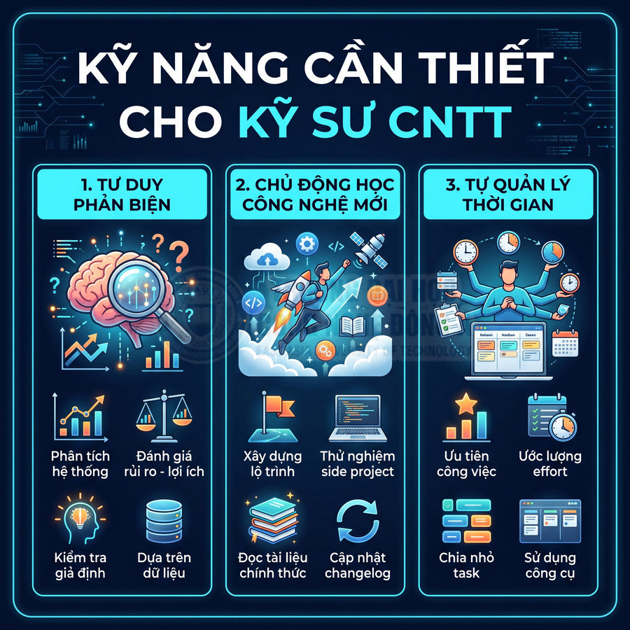 Kỹ năng cần thiết cho kỹ sư CNTT gồm tư duy phản biện, học công nghệ mới và tự quản lý thời gian