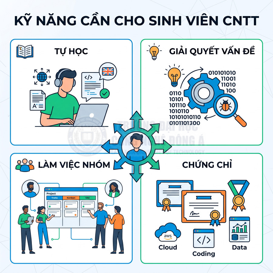 Kỹ năng cần cho sinh viên CNTT gồm tự học, giải quyết vấn đề, làm việc nhóm và các chứng chỉ cloud, coding, data