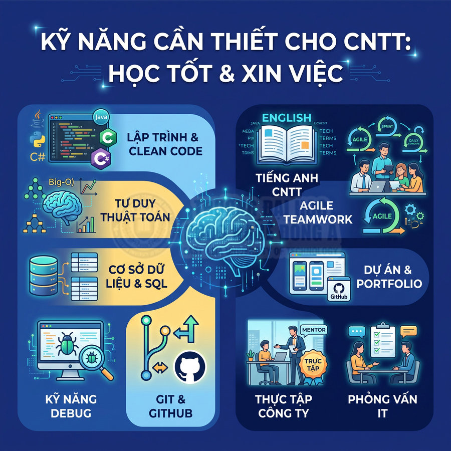 Infographic kỹ năng cần thiết cho sinh viên CNTT: lập trình, thuật toán, SQL, GitHub, tiếng Anh, dự án và phỏng vấn IT