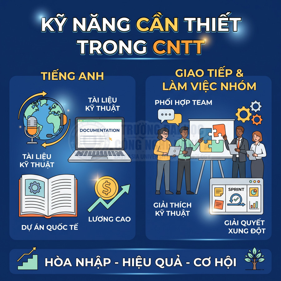 Infographic kỹ năng cần thiết trong ngành CNTT về tiếng Anh, giao tiếp và làm việc nhóm, cơ hội hòa nhập và lương cao
