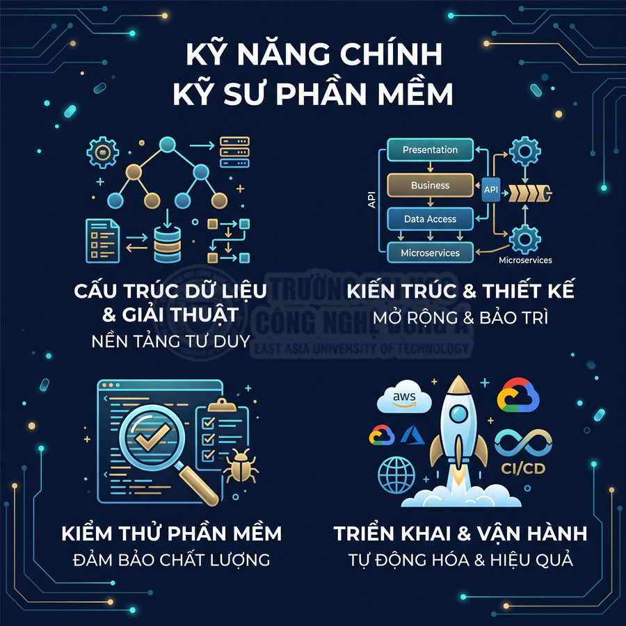 Kỹ năng chính của kỹ sư phần mềm về cấu trúc dữ liệu, kiến trúc, kiểm thử và triển khai vận hành CI CD