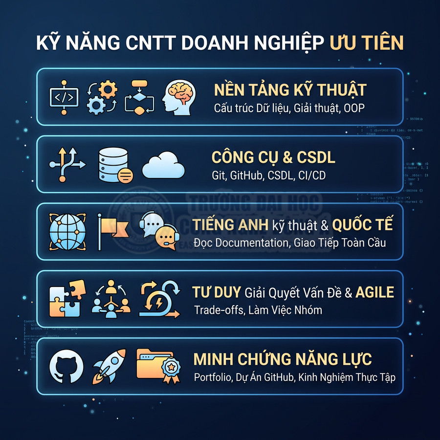 Infographic kỹ năng CNTT doanh nghiệp ưu tiên như nền tảng kỹ thuật, công cụ CSDL, tiếng Anh, tư duy Agile, minh chứng năng lực