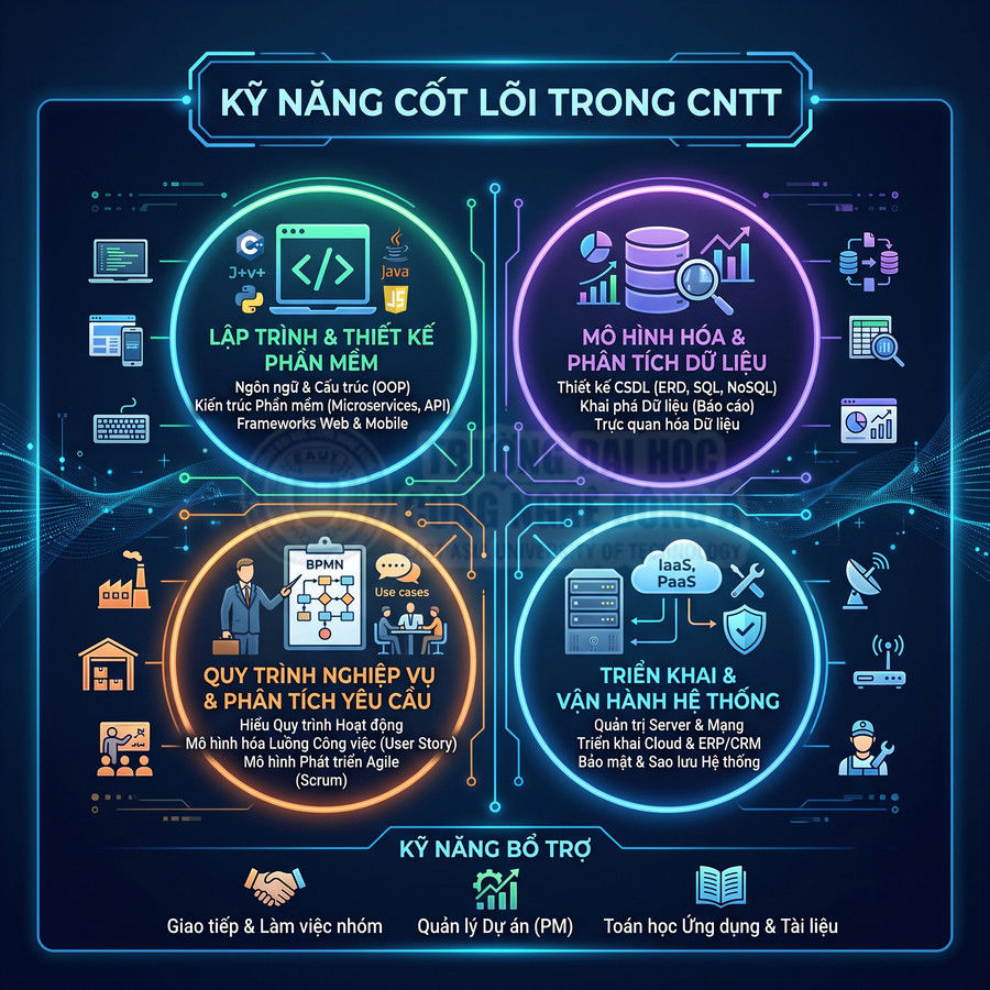 Infographic kỹ năng cốt lõi trong công nghệ thông tin gồm lập trình, phân tích dữ liệu, quy trình nghiệp vụ và vận hành hệ thống
