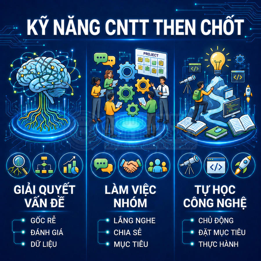 Minh họa kỹ năng CNTT then chốt gồm giải quyết vấn đề, làm việc nhóm và tự học công nghệ
