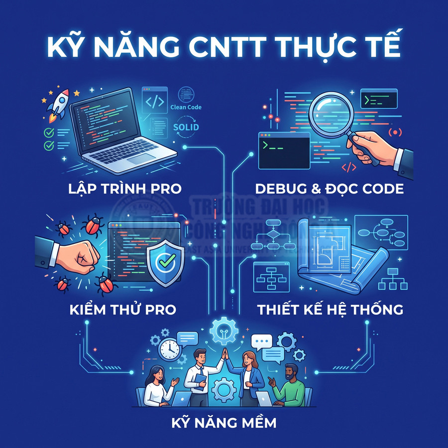 Minh họa các kỹ năng CNTT thực tế gồm lập trình, debug, kiểm thử, thiết kế hệ thống và kỹ năng mềm