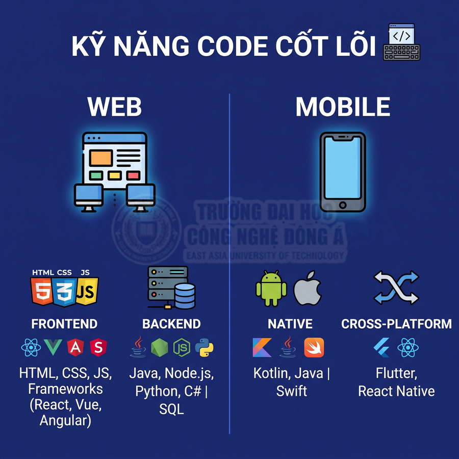 Kỹ năng code cốt lõi cho lập trình web và mobile gồm frontend, backend, native và cross platform