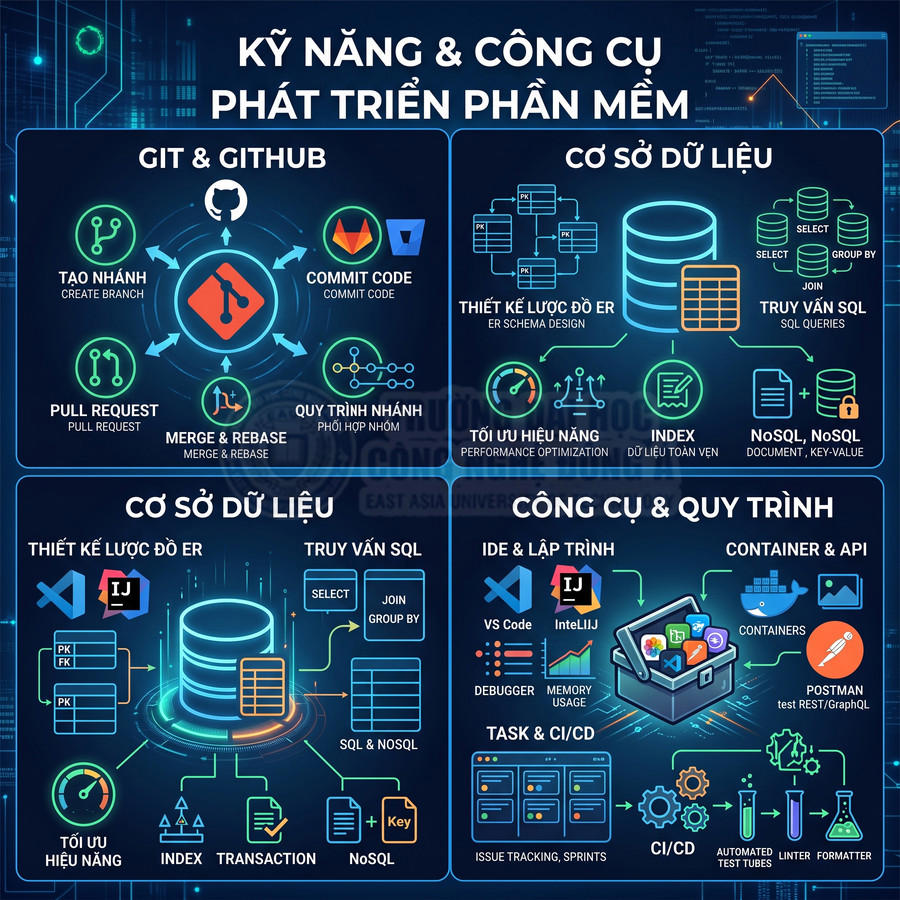 Infographic kỹ năng và công cụ phát triển phần mềm với GitHub, cơ sở dữ liệu, VS Code, IntelliJ và Postman