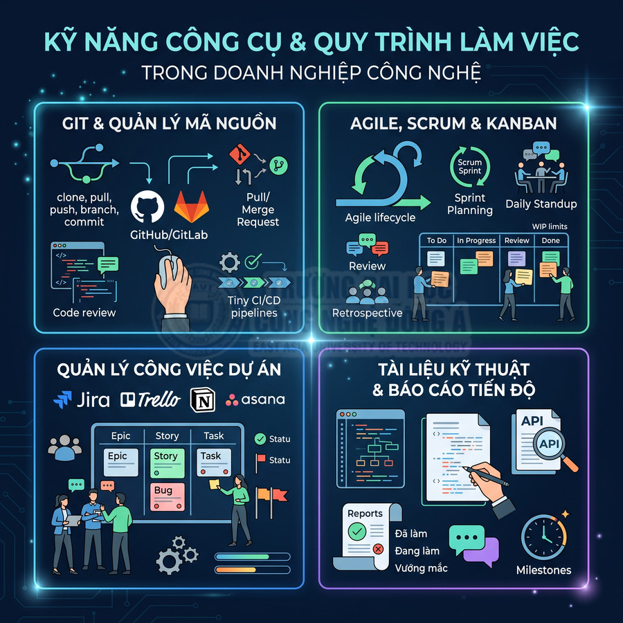 Infographic kỹ năng công cụ và quy trình làm việc trong doanh nghiệp công nghệ với GitHub, GitLab, Jira, Trello, Asana