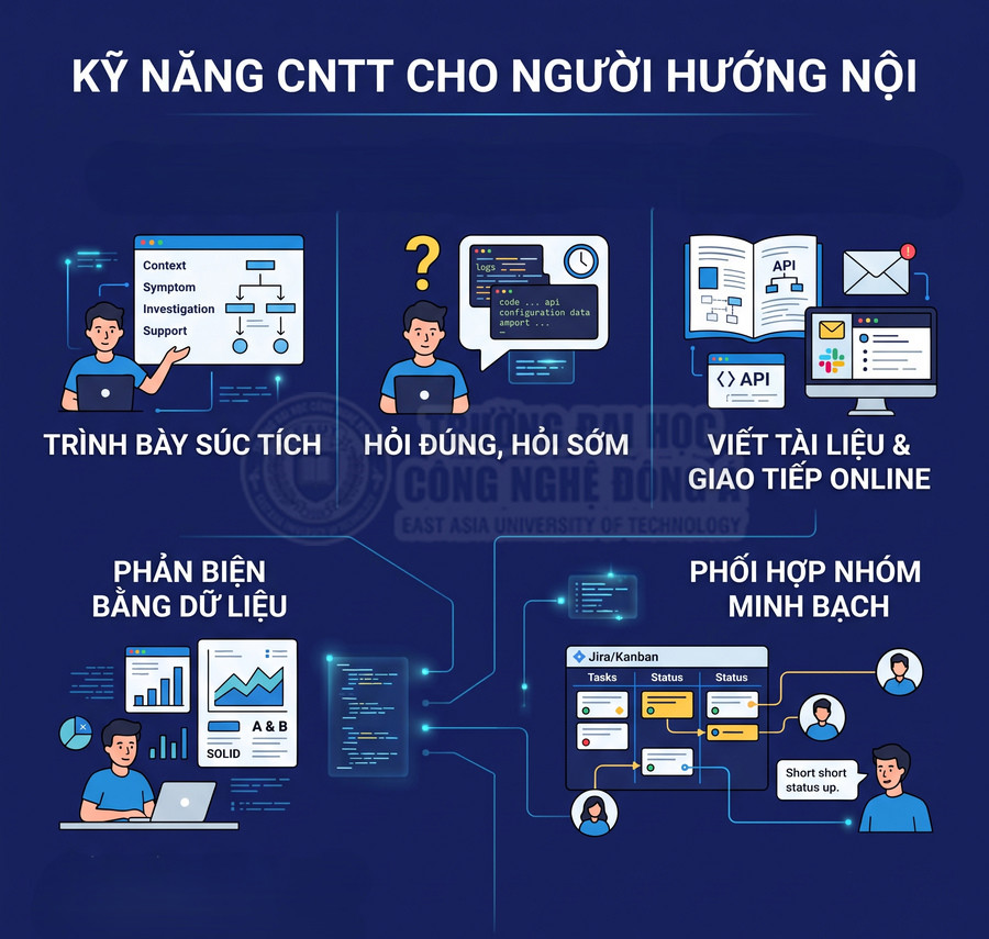 Kỹ năng CNTT cho người hướng nội với minh họa trình bày súc tích, hỏi đúng, viết tài liệu, phản biện dữ liệu, phối hợp nhóm