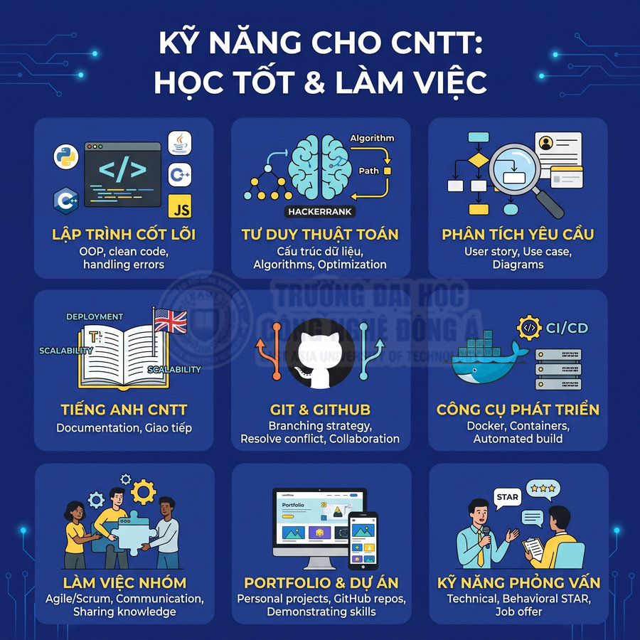 Kỹ năng cần thiết cho sinh viên CNTT gồm lập trình cốt lõi, thuật toán, GitHub, CI CD, tiếng Anh, làm việc nhóm, phỏng vấn