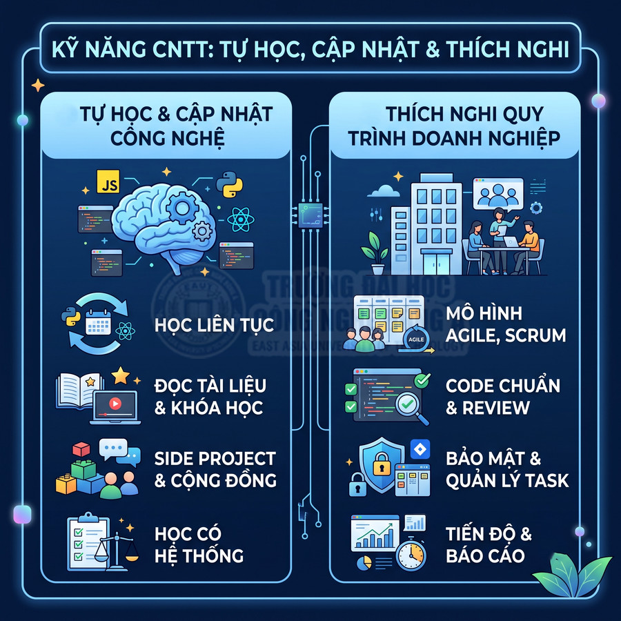 Infographic kỹ năng CNTT về tự học cập nhật công nghệ và thích nghi quy trình doanh nghiệp