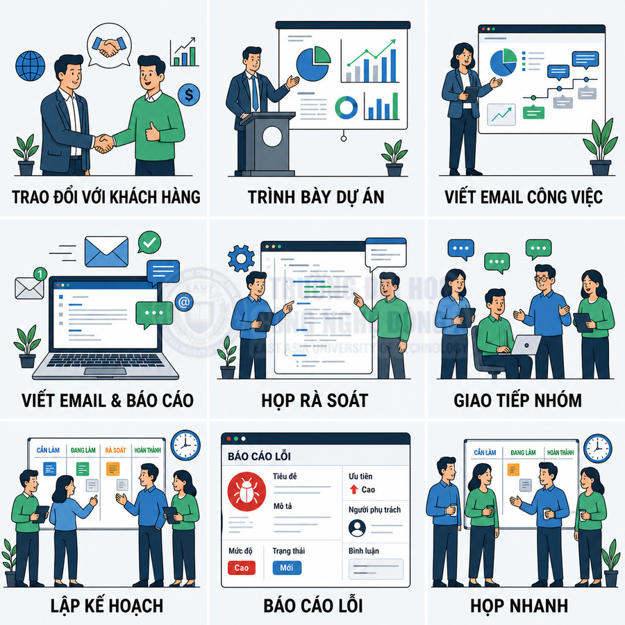 Minh họa các kỹ năng làm việc văn phòng như trao đổi khách hàng, trình bày dự án, viết email, họp nhóm và báo cáo lỗi