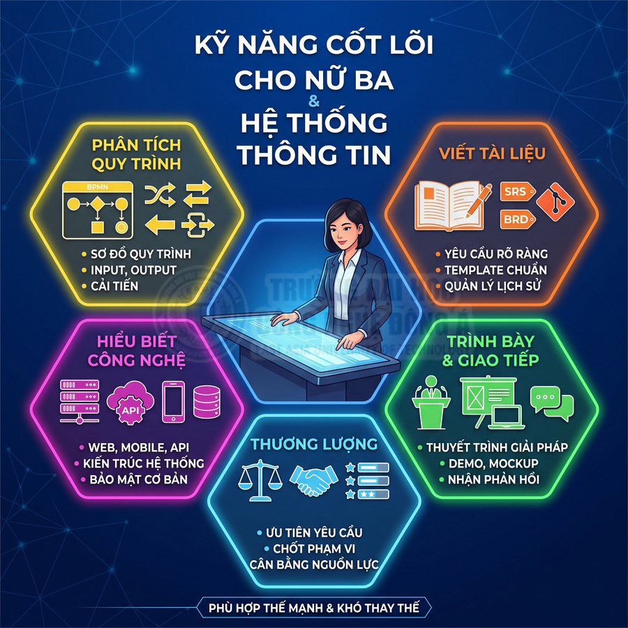 Infographic kỹ năng cốt lõi cho nữ BA hệ thống thông tin với các nhóm kỹ năng và biểu tượng minh họa